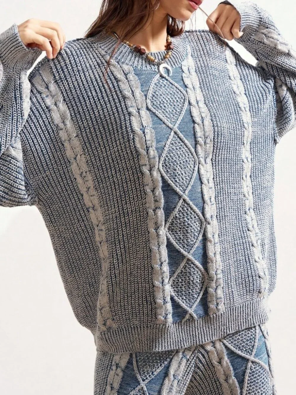 Blue & Gray Marled Cable Knit Oversized Sweater